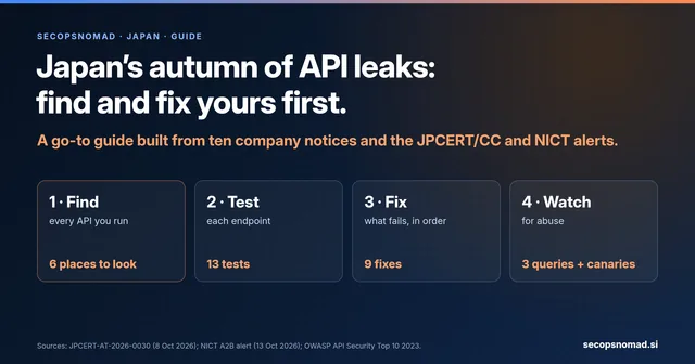 Header graphic: Japan’s autumn of API leaks, a go-to guide. Four steps: find every API (six places to look), test each one (13 tests), fix what fails (nine fixes) and watch for abuse (three queries). Based on JPCERT/CC’s alert of 8 October and NICT’s A2B alert of 13 October 2026.