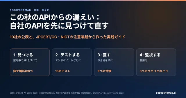 ヘッダー画像。この秋のAPIからの漏えいに備える実践ガイド。4つのステップ：APIをすべて見つける（探す場所は6つ）、1つずつテストする（13のテスト）、不合格を直す（9つの対策）、悪用を監視する（3つのクエリ）。2026年10月8日のJPCERT/CCの注意喚起と、10月13日のNICTのA2B攻撃の注意喚起に基づく。