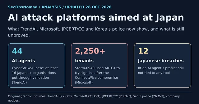 Cover: AI attack platforms aimed at Japan. 44 AI agents in TrendAI's CyberStrikeAI case, with at least 16 Japanese organisations put through validation; 2,250-plus tenants targeted by Storm-0940 with ARTEX; 12 Japanese breaches that fit an agent's profile but are tied to no tool.
