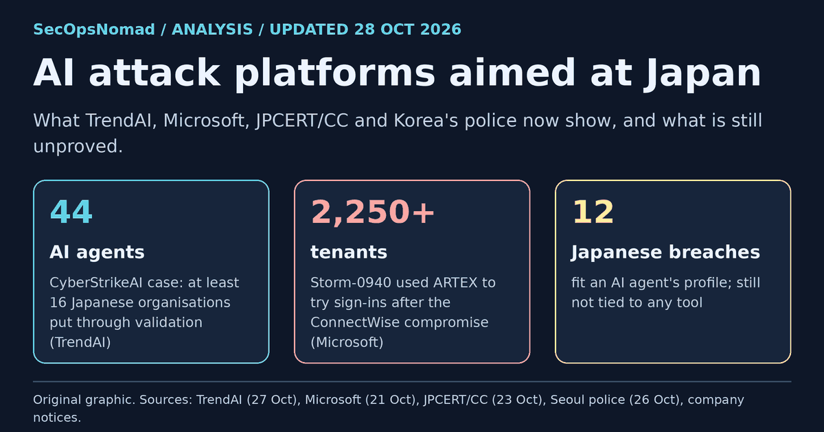 Cover: AI attack platforms aimed at Japan. 44 AI agents in TrendAI's CyberStrikeAI case, with at least 16 Japanese organisations put through validation; 2,250-plus tenants targeted by Storm-0940 with ARTEX; 12 Japanese breaches that fit an agent's profile but are tied to no tool.