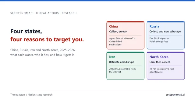 Header card: Four states, four reasons to target you. China: collect quietly; Japan is 20% of its targeting. Russia: collect and sabotage. Iran: retaliate and disrupt. North Korea: earn, then collect; ¥1.7bn in crypto through fake job interviews.