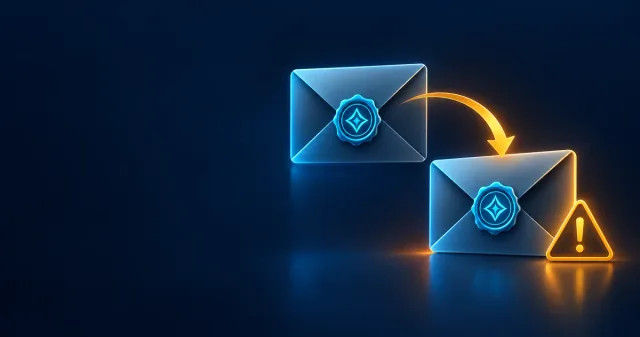 A signed envelope is copied to another envelope, retaining its signature while a warning highlights the risk of the reused message.