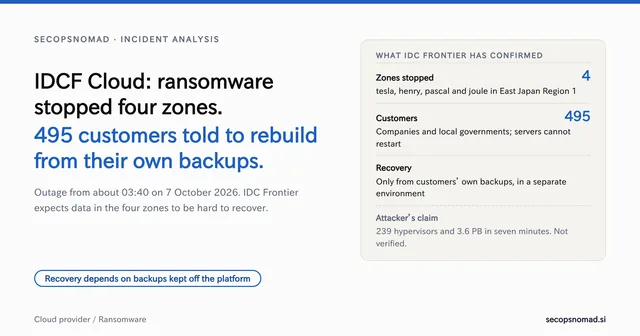 Header graphic: IDCF Cloud, ransomware stopped four zones and 495 companies and local governments were told to rebuild from their own backups. Beside it, what IDC Frontier has confirmed, and the attacker's unverified claim of 239 hypervisors encrypted in seven minutes.