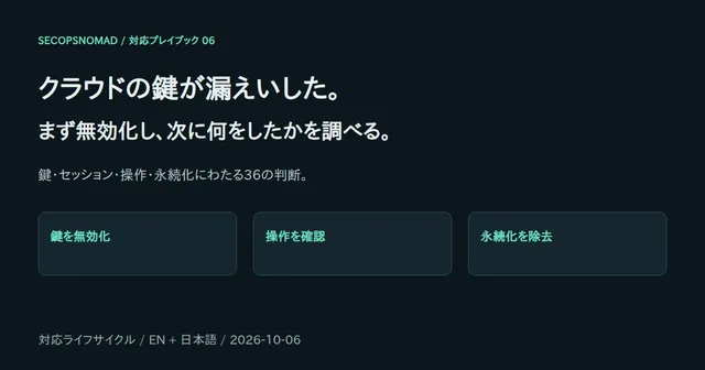 クラウド鍵漏えいへの対応:鍵の無効化、操作の確認、永続化の除去を36の判断で整理。