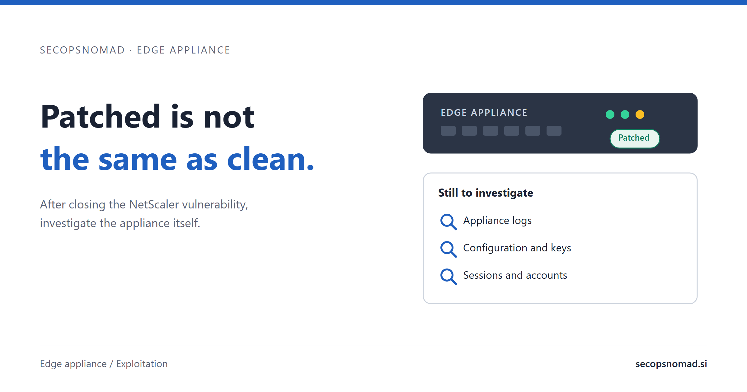 Summary card: the headline beside an edge appliance marked patched, with a checklist of what is still to investigate: appliance logs, configuration and keys, sessions and accounts