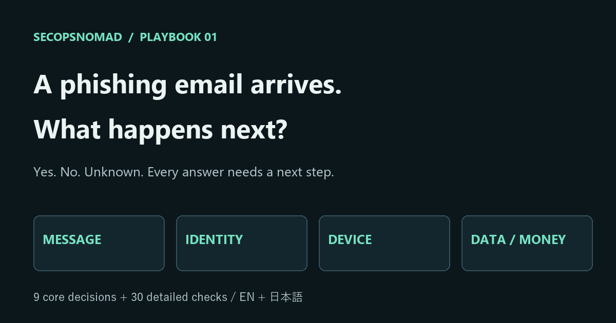Phishing response: message, identity, device, data and money, with yes/no/unknown decisions.