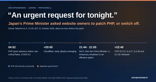 Header graphic: “An urgent request for tonight.” Japan's Prime Minister asked website owners to patch PHP, or switch off, at 21:55 JST on 21 October 2026. Times in JST: 04:52 advance notice; about 20:00 early attacks; 21:44 and 21:55 shutdown advice; about 22:40 patch.