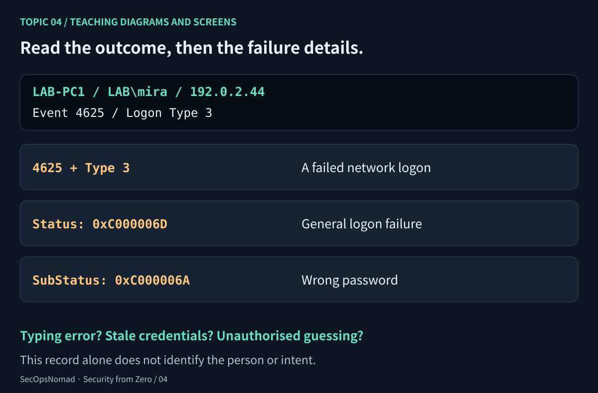 A failed-logon field panel for LAB\mira on LAB-PC1: event 4625, logon type 3, status 0xC000006D and substatus 0xC000006A. Notes identify a network logon failure, a general logon-failure status and a wrong-password substatus. They do not identify the person or intent behind the attempt.