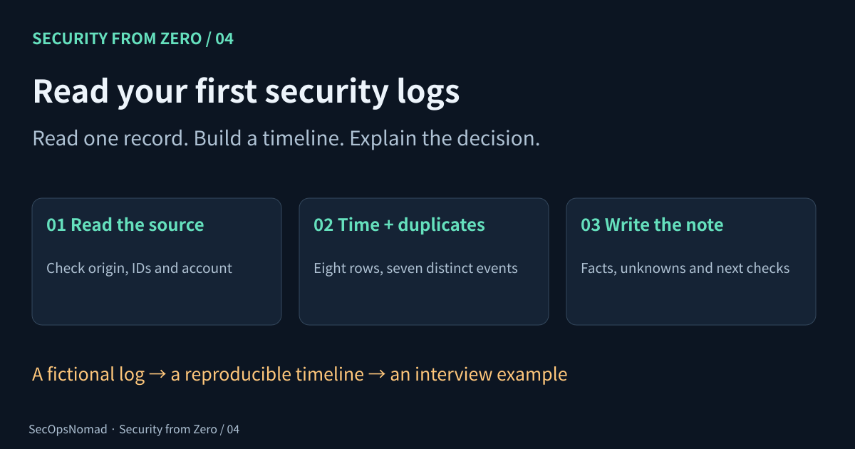 Topic 04: read one log record, order the evidence, and write a defensible triage note.