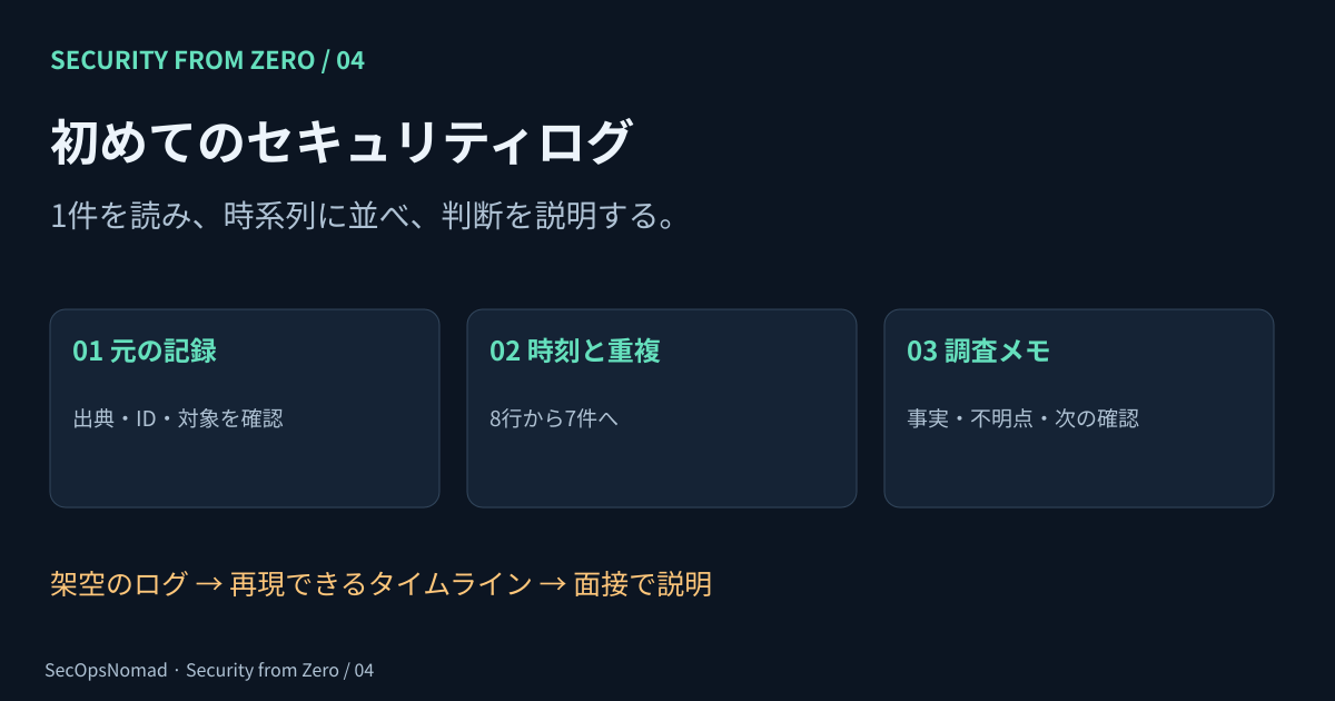 第4回。1件のログを読み、根拠を時系列に並べ、説明できるトリアージメモを書く。