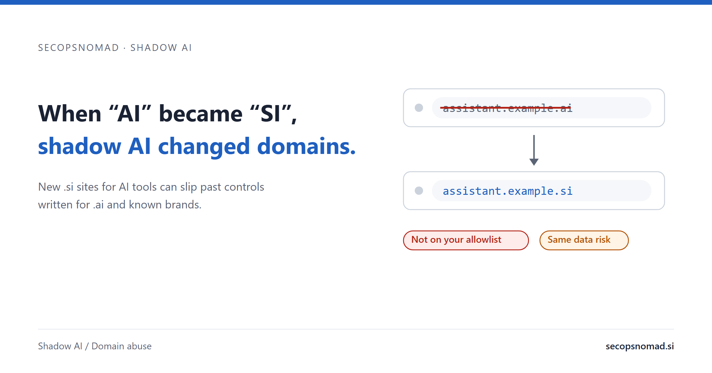 Header card: the headline beside an address bar where assistant.example.ai is crossed out and replaced by assistant.example.si, with the labels Not on your allowlist and Same data risk