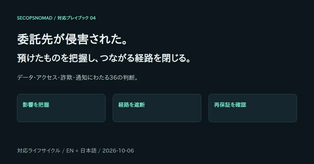 委託先の侵害対応:影響範囲の把握、接続経路の遮断、委託先の復旧確認を36の判断で整理。