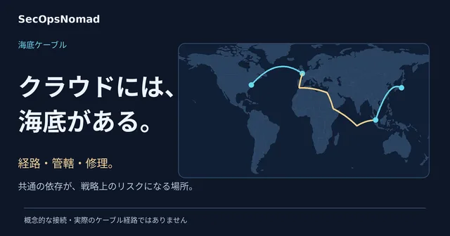 大陸間の概念的な接続を示す独自の世界地図。クラウドには海底がある。経路、政治的な判断、修理の能力が強靱性を左右する。線は模式図であり、実際のケーブル経路ではありません。