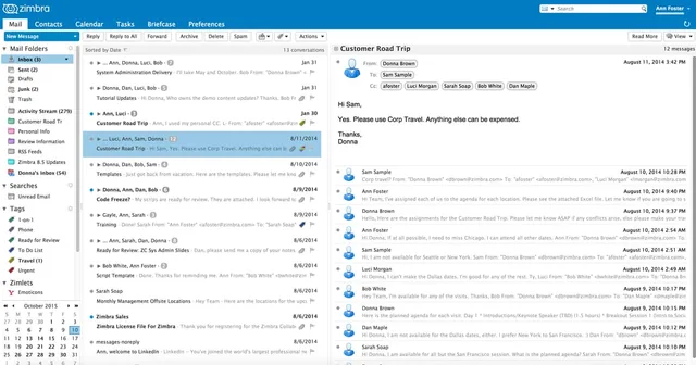 The Zimbra webmail interface: an inbox with sample messages and a reading pane.